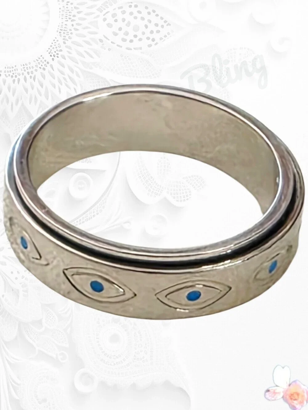 Silver Evil Eye Fidget Band Ring with Blue Accents Spinner 7.75